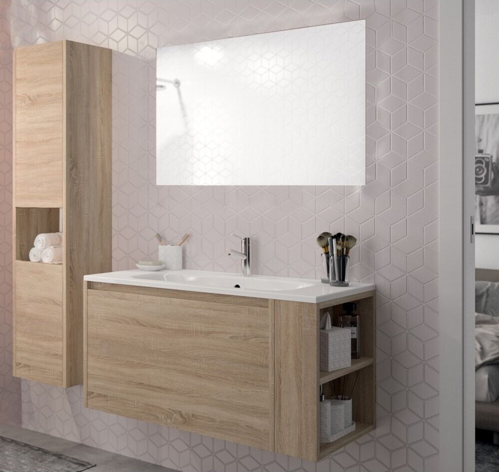 Set VESNA Möbel + Waschbecken + Spiegel + Säule / Gebleichte Eiche