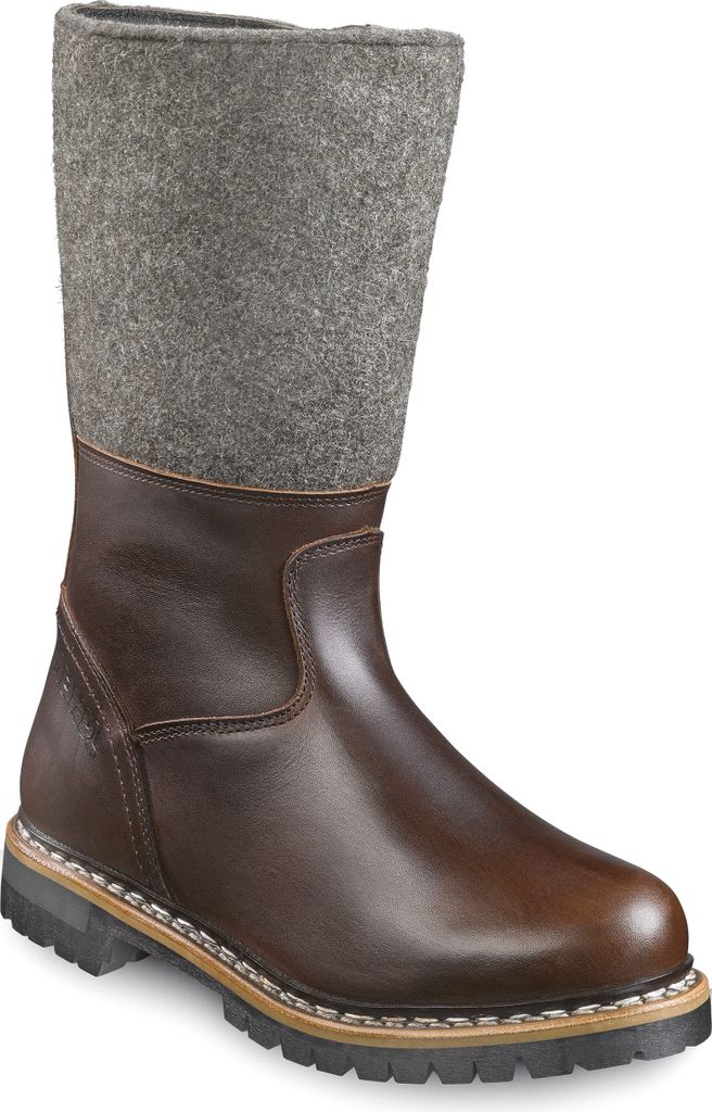 A single brown leather boot with a gray felt upper, shown against a white background.
