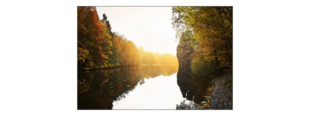 Muralo Fototapete 90 x 60 cm Vlies Tapete Wandtapeten moderne Wandbilder XXL Natur Wald Fluss Herbst Sonne