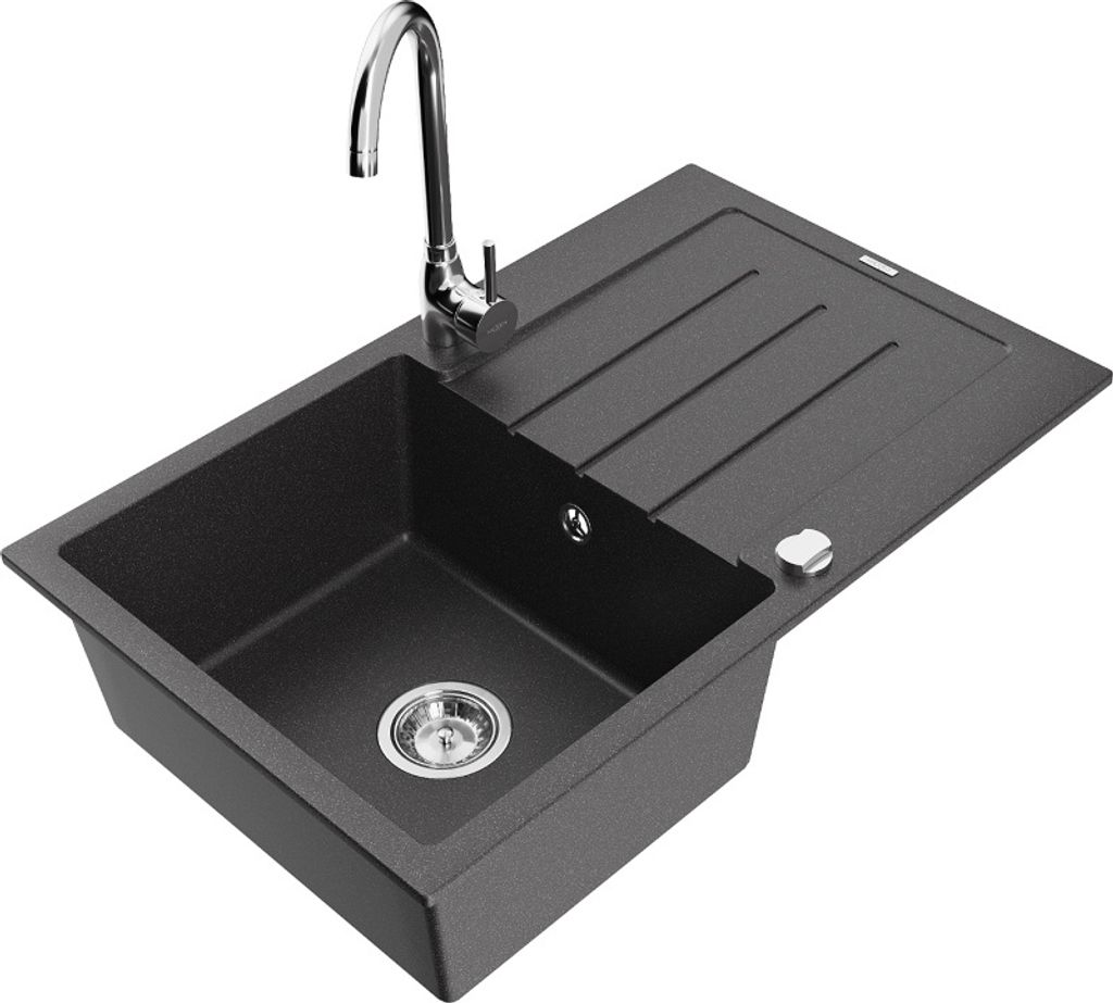 Mexen Bruno 1 Becken-Granitspüle mit Abtropffläche und Mischbatterie Telma, Schwarz gesprenkelt - 6513-76-670200-00