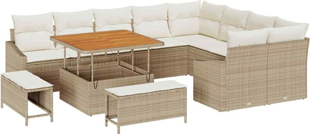vidaXL Gartensofa-set mit Kissen mit Speicher 12 pcs Beige Poly Rattan