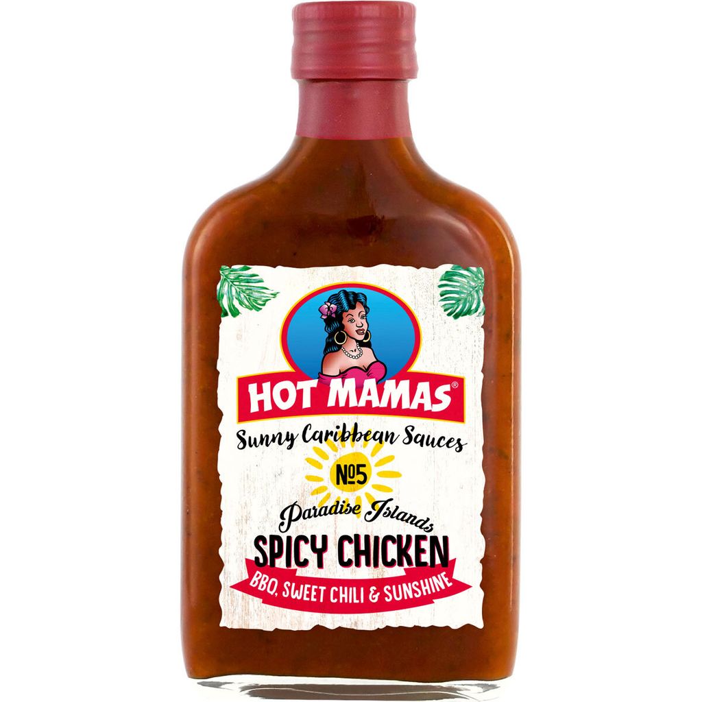 Verpackungsbild HOT MAMAS Sunny Caribbean Spicy Chicken BBQ Sauces Flasche 195ml