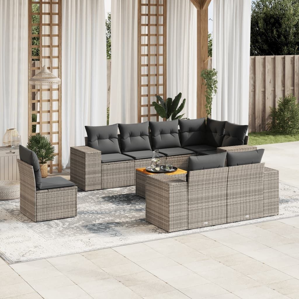 9-tlg. Garten-Sofagarnitur - mit Kissen Grau Poly Rattan - Gartenmöbelset 3225542