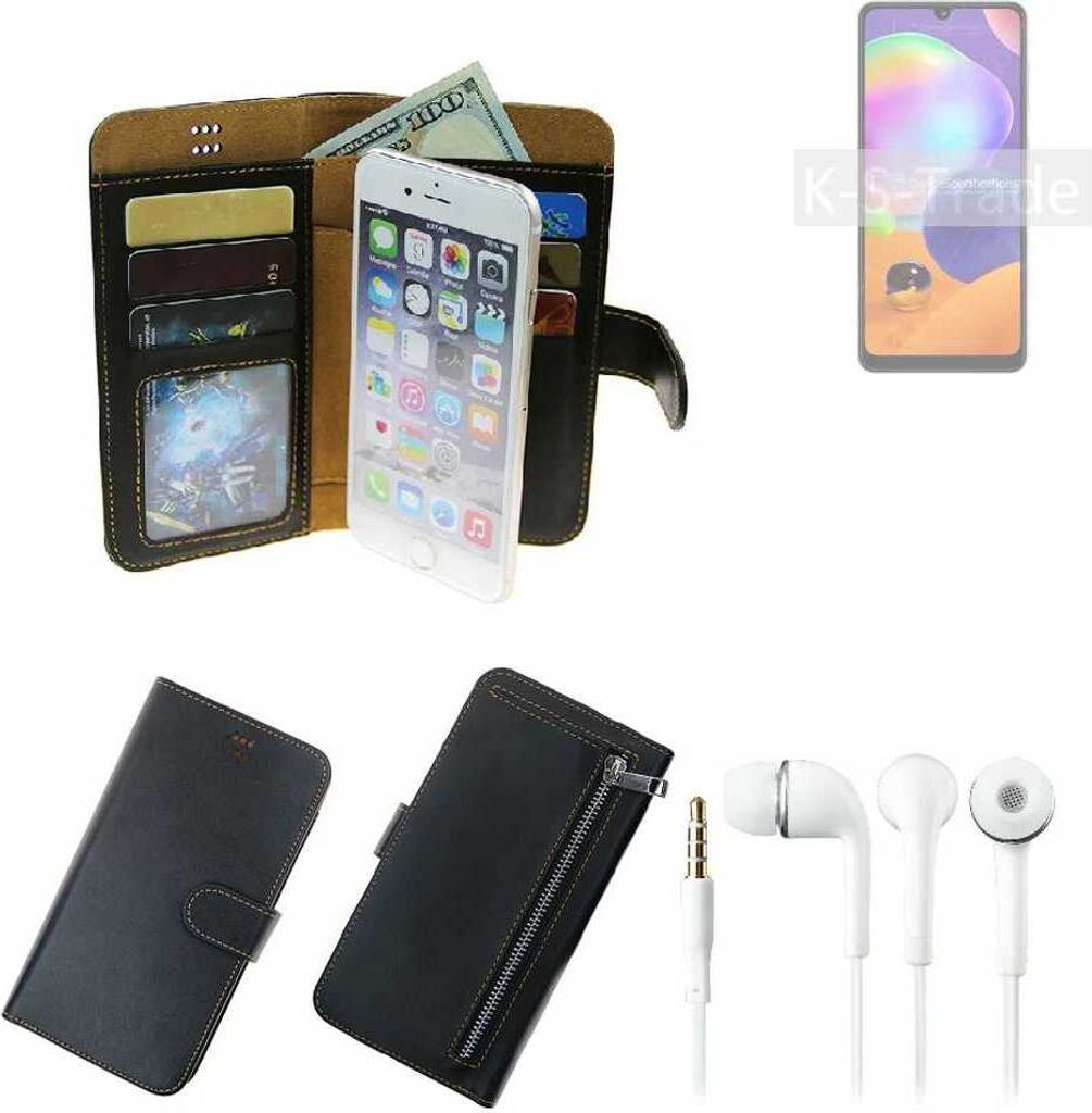TOP SET Handy Hülle Schutz Hülle kompatibel mit Samsung Galaxy A31 schwarz aus Kunstleder + Kopfhörer Smartphone Tasche vollwertige Geldbörse