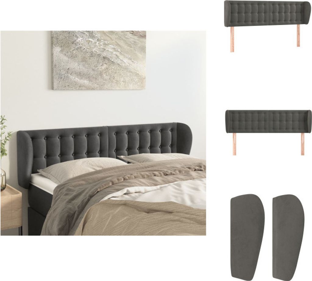 vidaXL Kopfteil mit Ohren Dunkelgrau 147x23x78/88 cm Samt - Kopf- & Fußenden