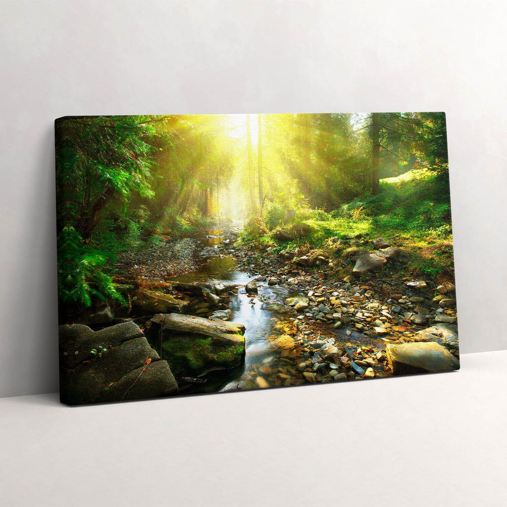 Ein Waldbach im Sonnenlicht – Leinwandbild Wandbild – 30x20 cm – Leinwandbilder – Wandbilder – Schlafzimmer – Flur