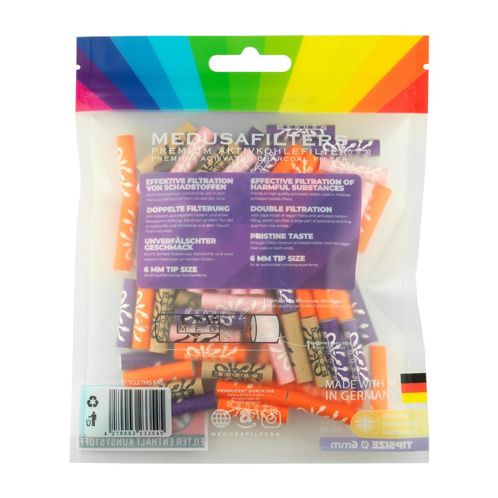 Medusafilters 100 Aktivkohlefilter Ø 6mm | MIXED Edition | mit veganen  Fasercaps und Kokosnussschalen Aktivkohle für schadstoffärmeres Rauchen