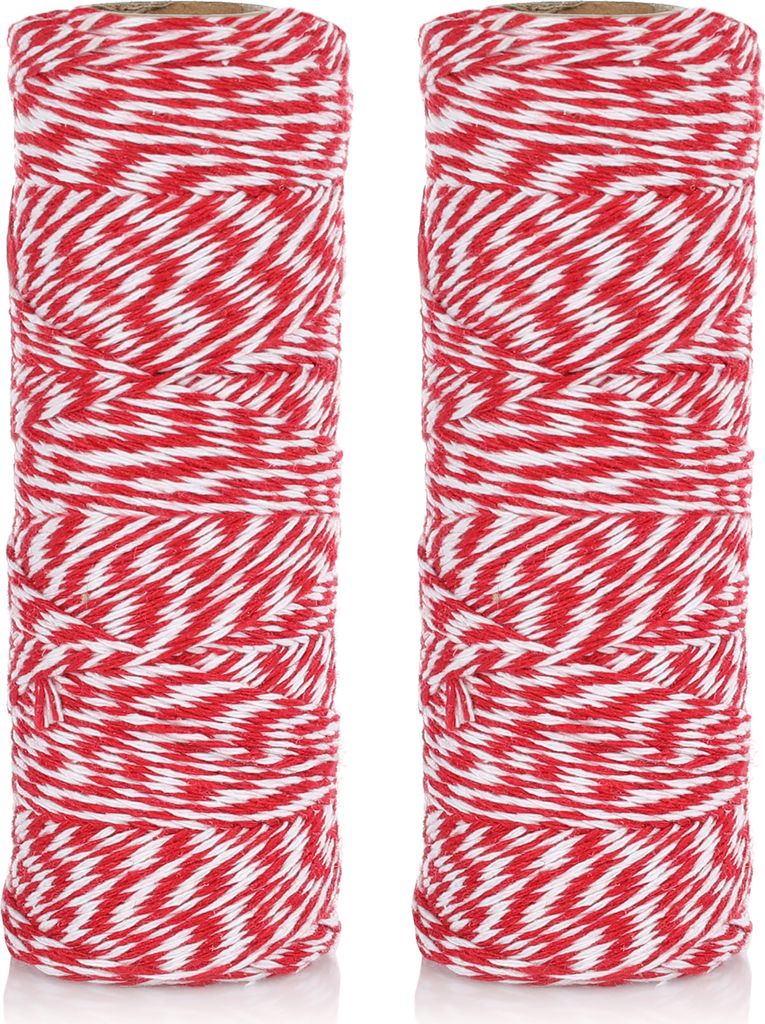 Nordstern Baumwolle Bindegarn 2er Set + 20 Anhänger, Küchengarn, Geschenkband, Bastelschnur, Dekokordel für Geschenke und DIY Basteln - Rot/Wei...