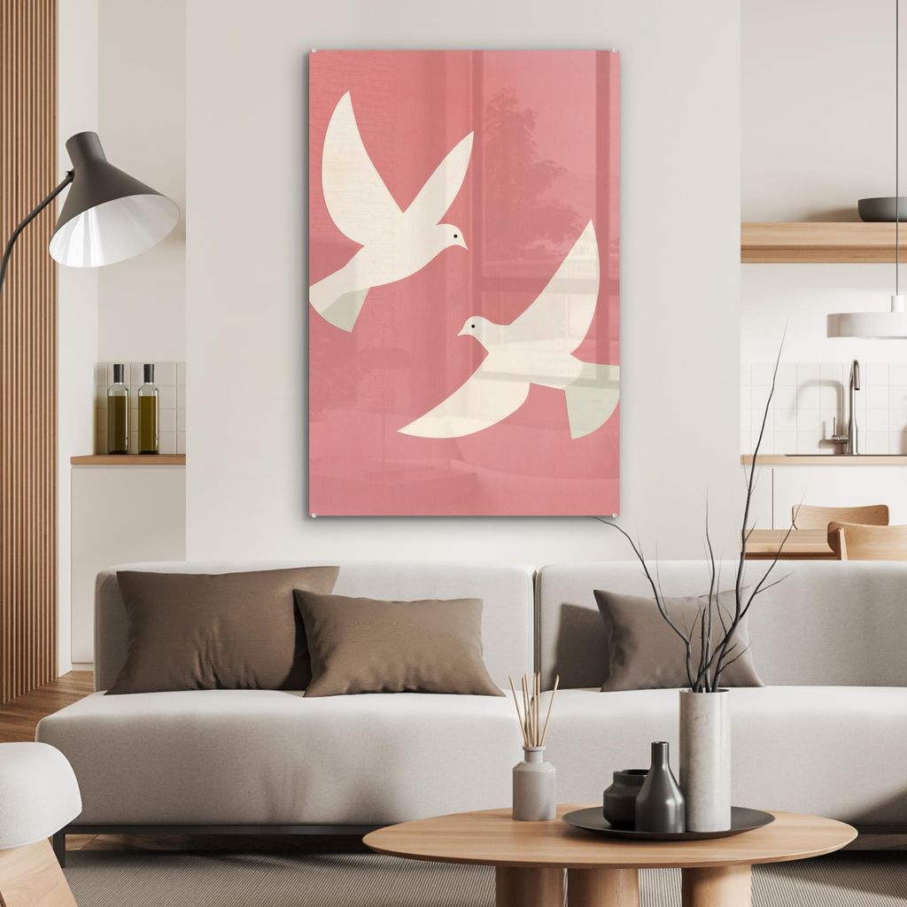 MuchoWow Glasbilder - Bilder auf Wandbild - Foto auf Glas Tauben - Weiß - Ziertauben 60x90 cm Wanddekoration aus Glas - Acrylglasbild - Acrylbilde...