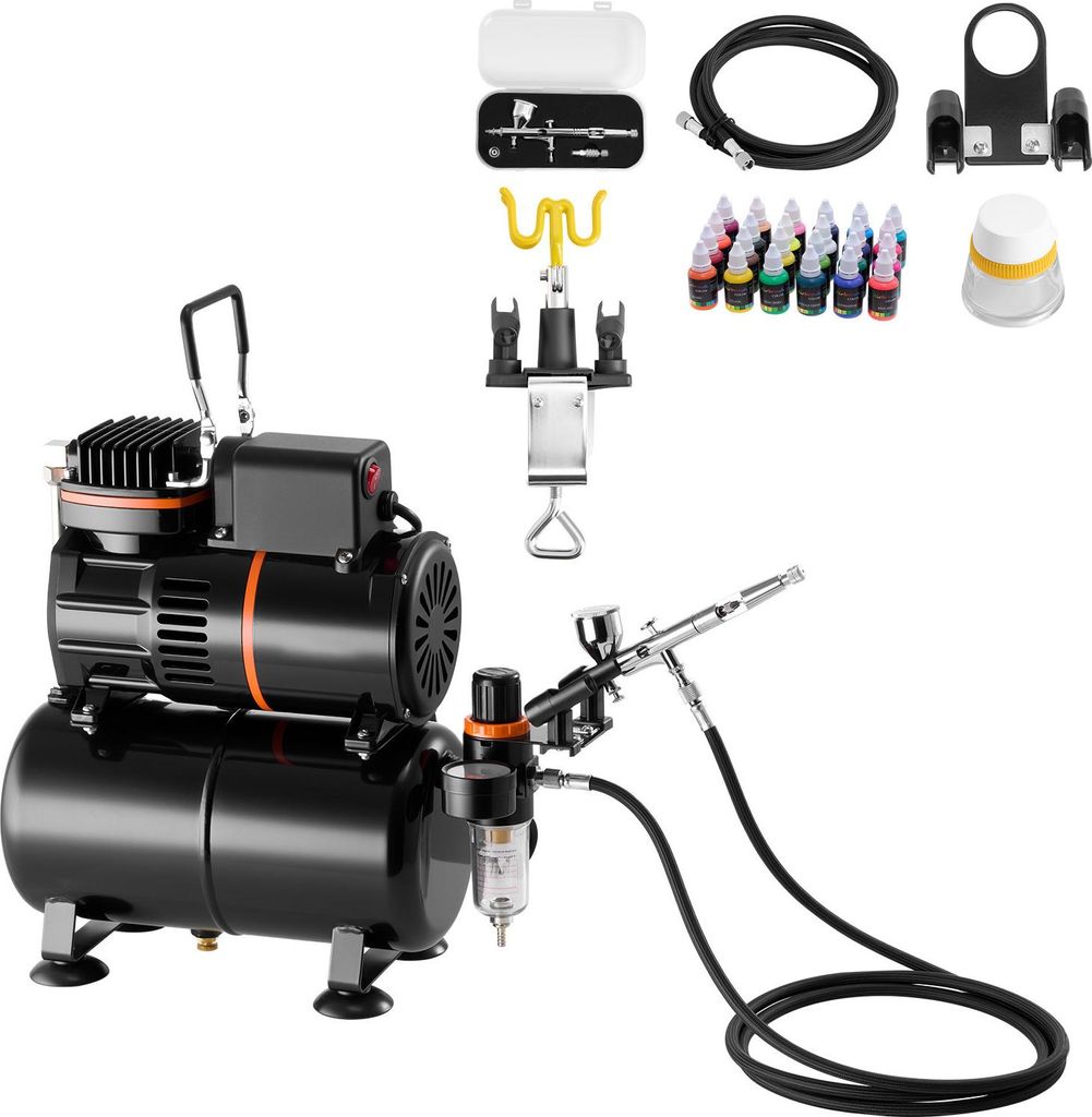 SucceBuy Airbrush-Set 1/6 PS mit Luftkompressor und Tank, Dual-Action-Airbrush mit 0,3 mm Düse, Schlauch, Acrylfarben (24 Farben) und 2 Ventilator...