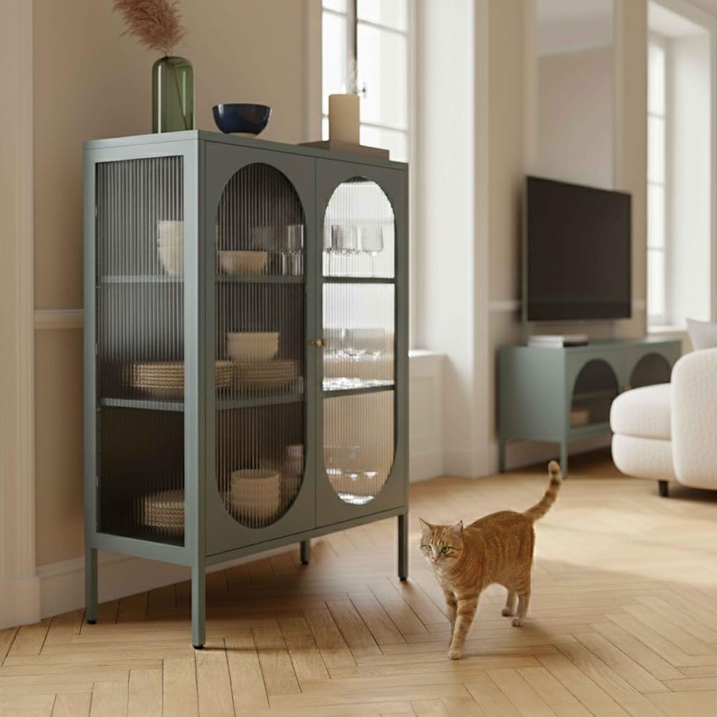 Credenza moderna a 2 ante da 80 cm in metallo e vetro verde Immagine del prodotto 