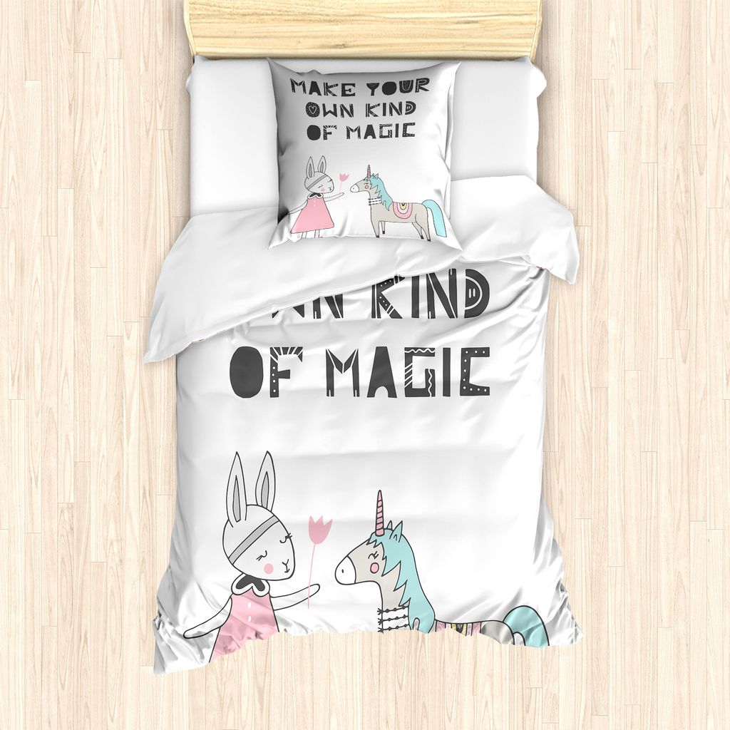 ABAKUHAUS Kindergarten Bettbezug Set für Einzelbetten, Häschen im Kleid Einhorn, Milbensicher Allergiker geeignet mit Kissenbezug, 135 cm x 200 c...