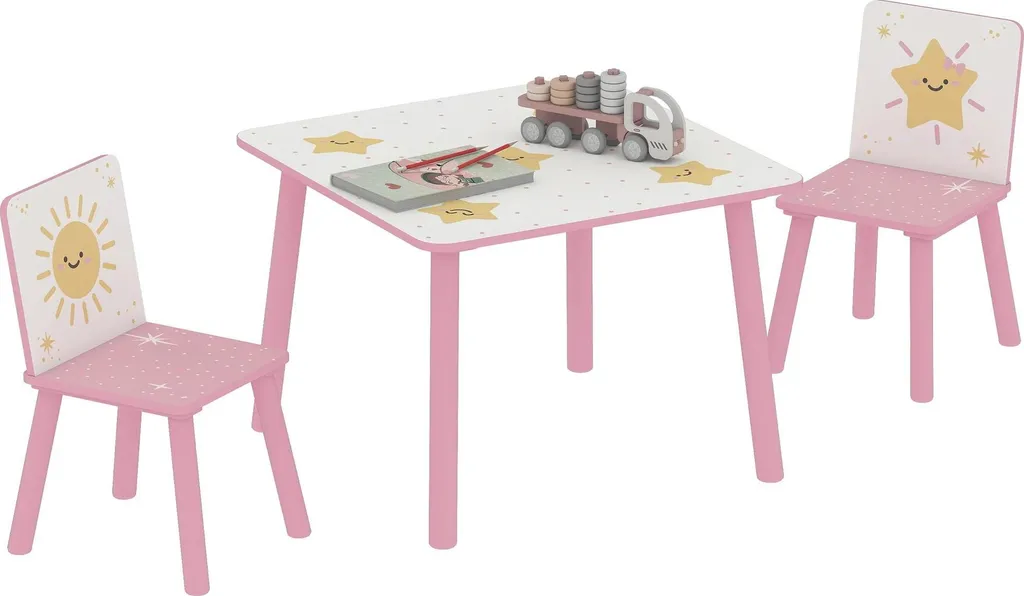 Ensemble table et 2 chaises enfant rose 60x60 cm en bois pin et MDF