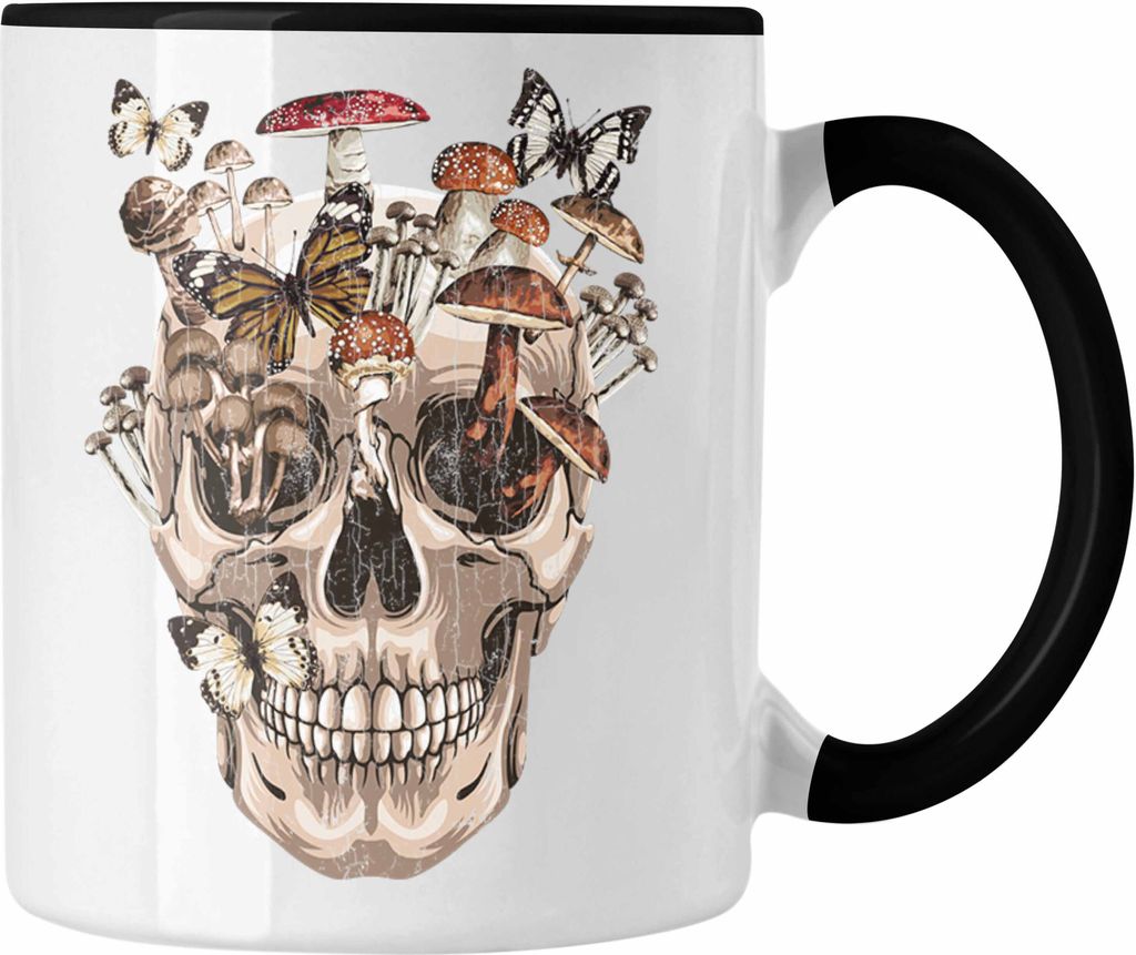 Trendation - Totenkopf Tasse Geschenk Pilzsammler Pilze Frauen Damen Tattoo Geschenkidee (Schwarz)
