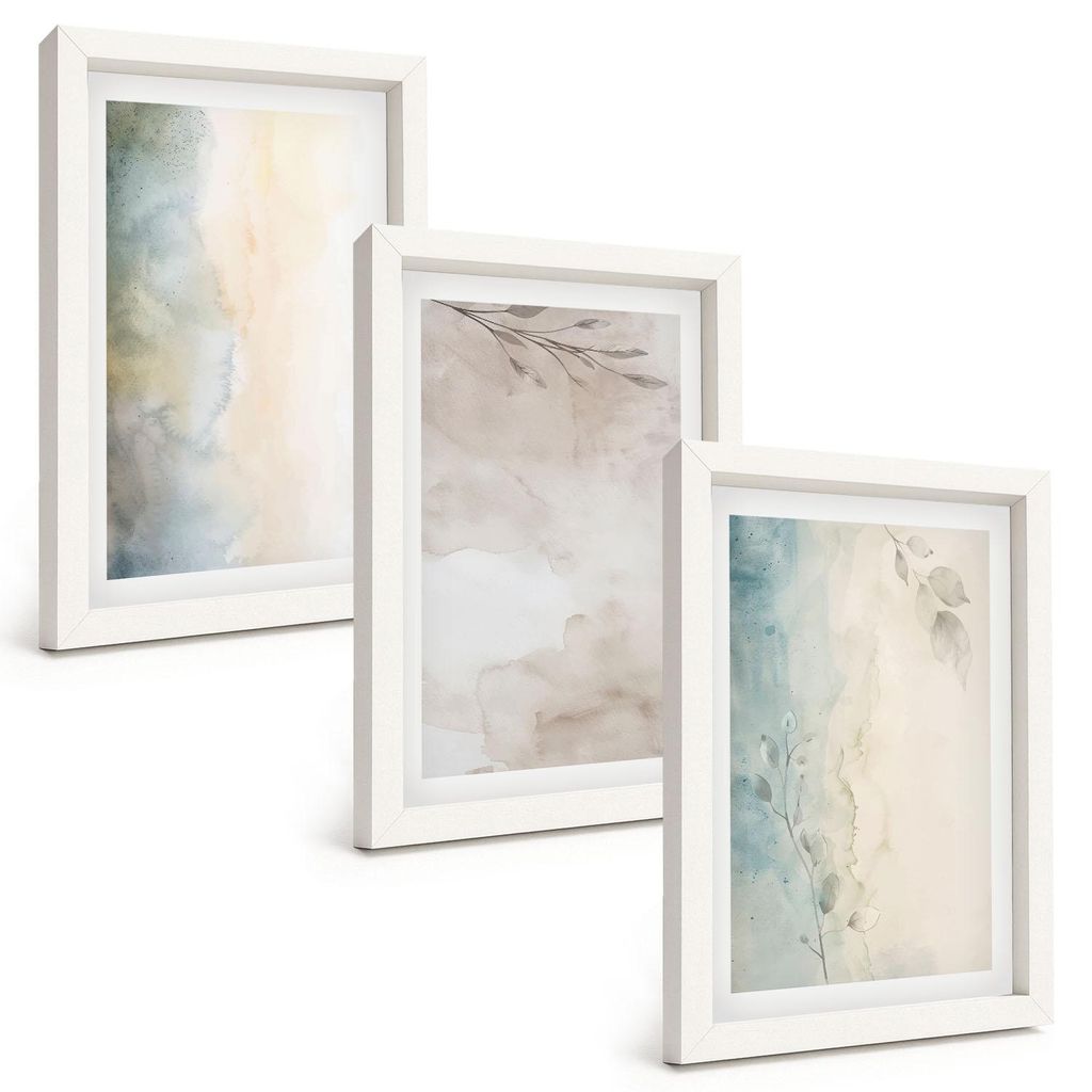 Bilder Set 3-teilig im weißen Rahmen – Wandbilder 3 Stück – gerahmte Poster für Wohnzimmer, Schlafzimmer und Flur – 20x30 cm – Zarte Aqu...