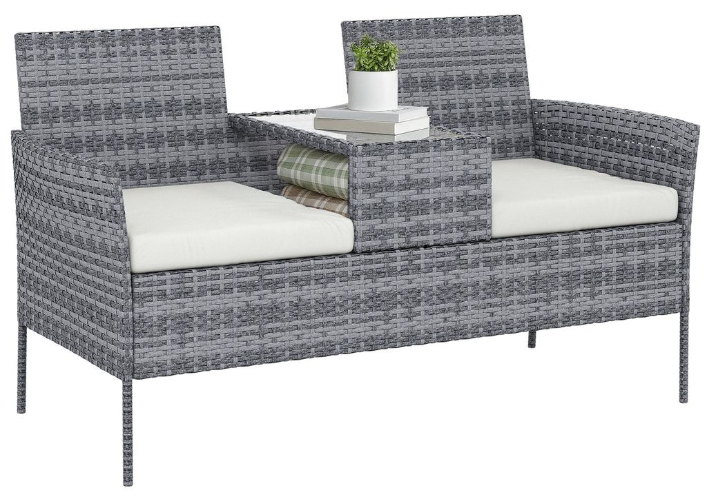 2-Sitzer Gartenbank mit Tisch, Polyrattan, 135x64x81 cm, Schwarz, inkl. Kissen, Sicherheitsglasplatte, wetterfest