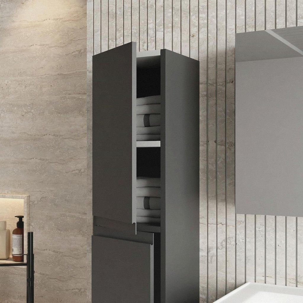 Badezimmer Hochschrank Lara Anthrazit | 110 x 30 x 32 cm | Softclose-Türen | unsichtbare Griffe | Badezimmerschrank Badschrank Badhochschrank Badr...
