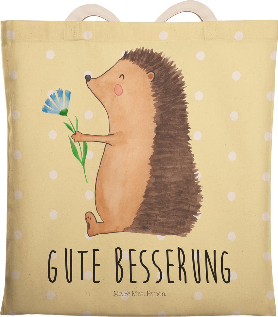 Mr. & Mrs. Panda Tote Bag Igel Blumen - Gelb Pastell - Geschenk, Beuteltasche, krank, Krankenhaus, großer shopper, Besuch, einkaufsshopper, Einkau...