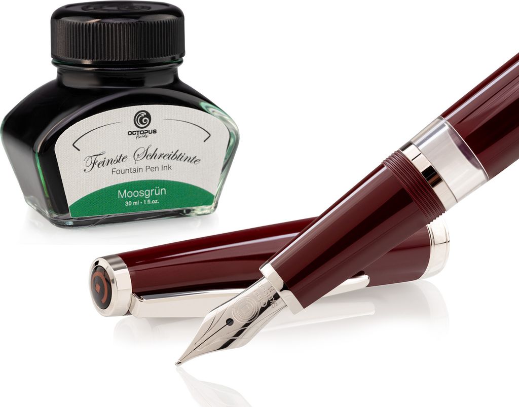 Füllhalter Set Cleo Skribent Classic Palladium Bordeaux, Kolben-Füllhalter und 30 ml Tinte Grün
