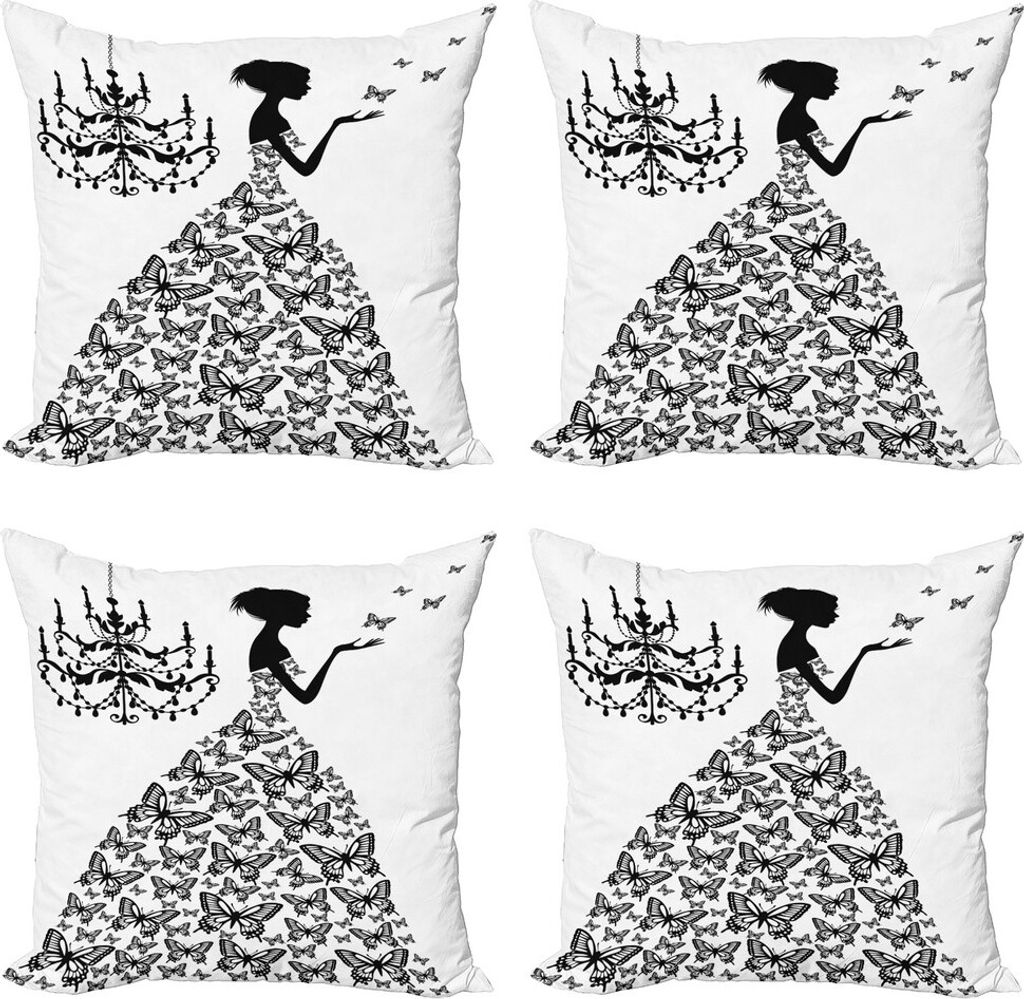 ABAKUHAUS Schwarz und weiß Kissenbezug Set (4 Stück), Madame Schmetterling, Moderner Doppelseitiger Digitaldruck, 60 cm x 60 cm, Schwarz-Weiss