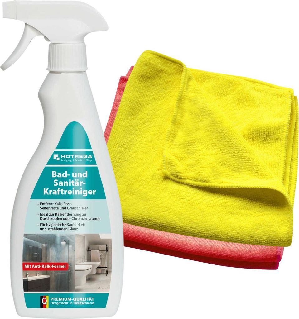 HOTREGA Bad und Sanitär Kraftreiniger 500 ml Sprühflasche inkl. 2 Microfasertücher Micro Top, Badreiniger, Sanitärreiniger