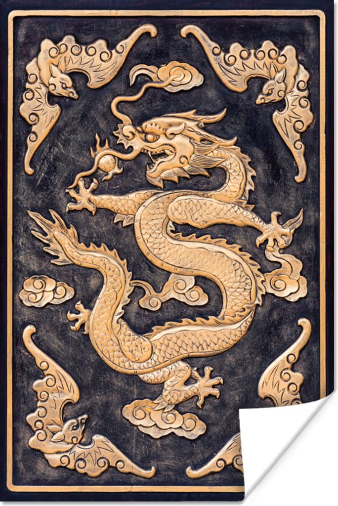 MuchoWow Poster Mit einem goldenen chinesischen Drachen verzierte Holztür 120x180 cm - Kunstposter