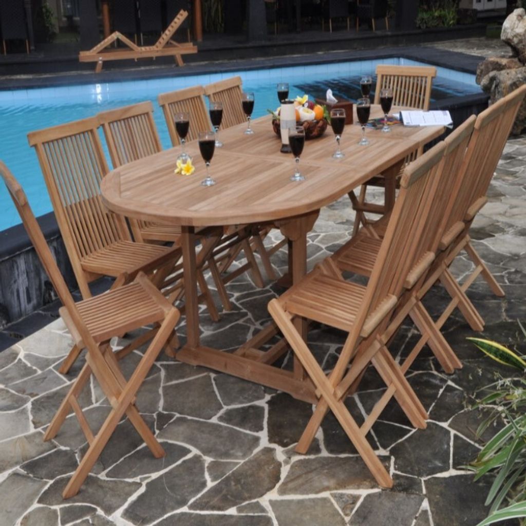 Teako Design Sitzgruppe Teak 8 Klappstühle mit Ausziehtisch Produktbild 