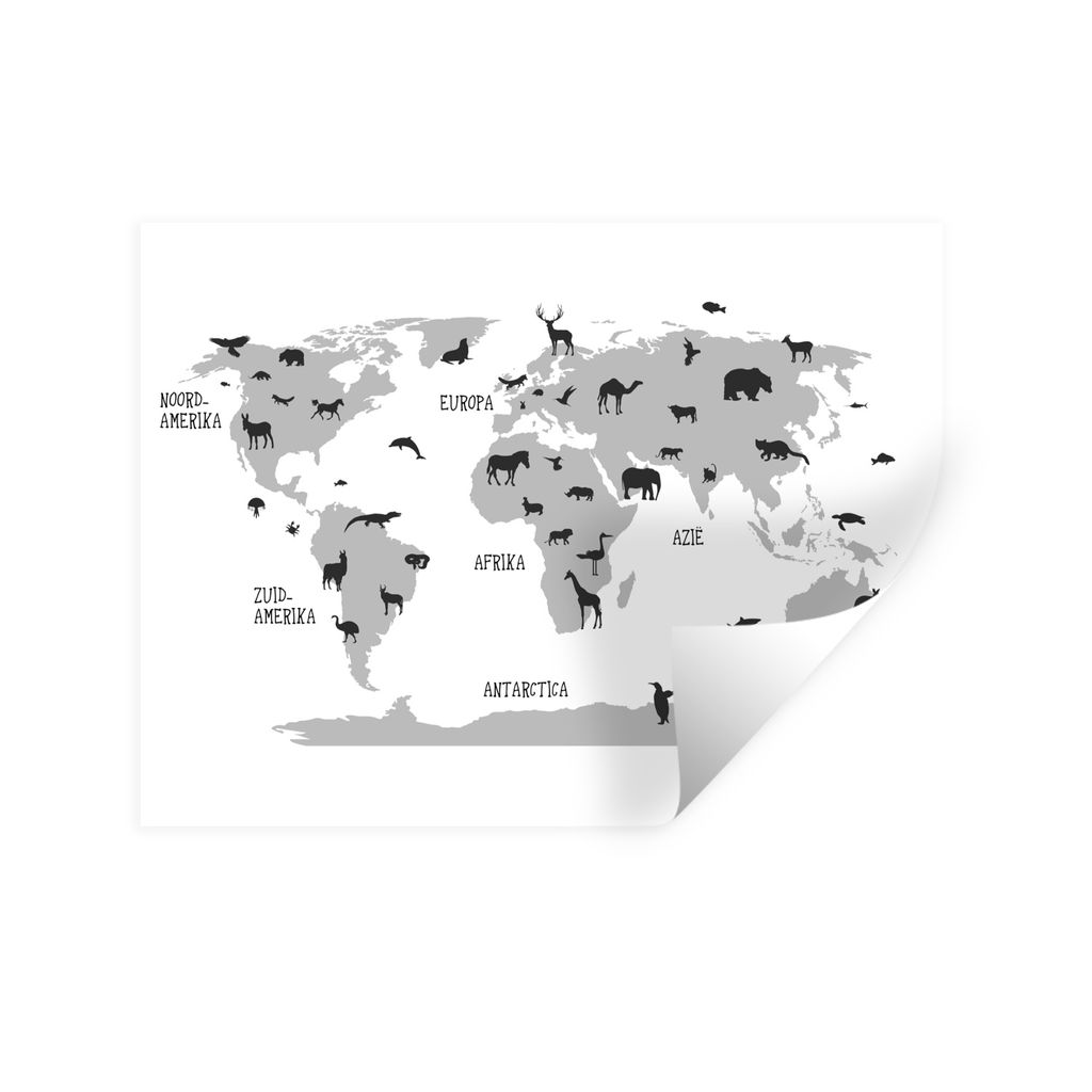 MuchoWow Wandtattoo Wandsticker Wandaufkleber Kinder-Weltkarte Tiere - schwarz und weiß 120x90 cm Selbstklebend und Repositionierbar - Aufkleber