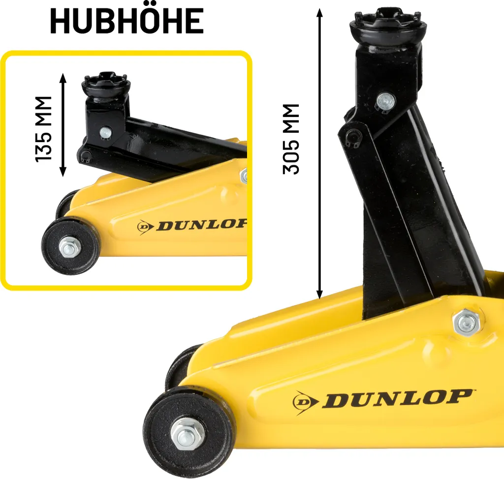 Cric idraulico Dunlop per auto con capacità 2T - Sollevamento auto 135-305 mm - Compatto con ruote - 6