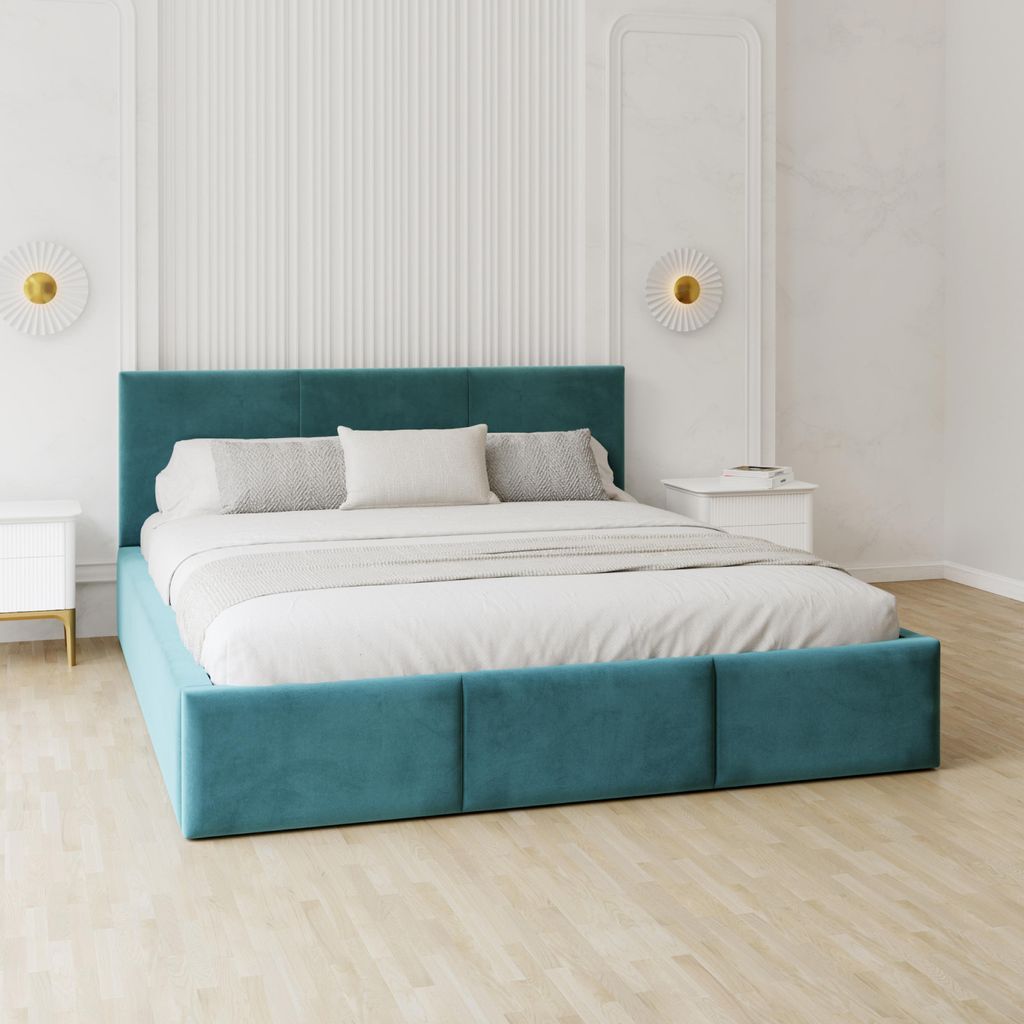 FDM Bett AMBER Trinity 120x200 cm Polsterbett mit Lattenrost aus Metall Bettkasten Stauraumbett Samt türkis