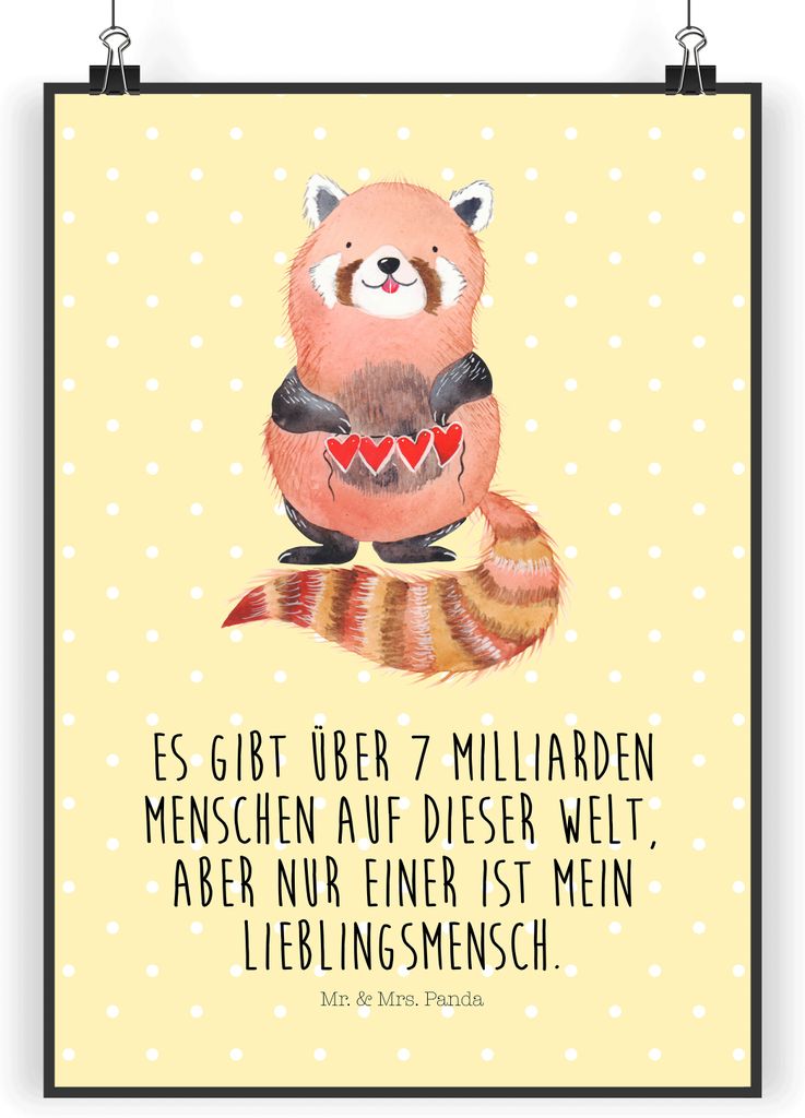 Mr. & Mrs. Panda Bild Roter Panda DIN A3 - Gelb Pastell - Geschenk, Lustige Sprüche, wanddeko, drucke, wandkunst, Liebling, Kunstdruck, Rot, Herz,...
