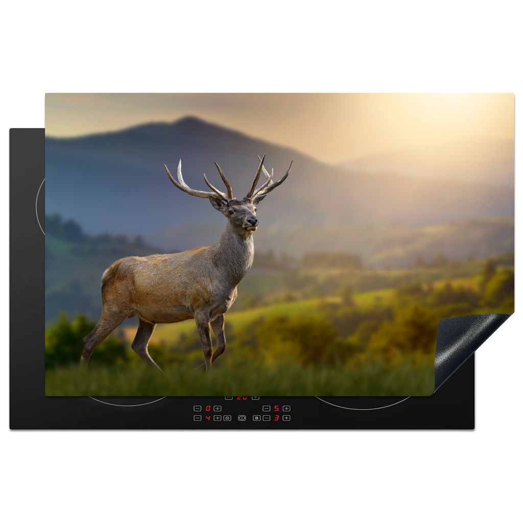 KitchenYeah Herdabdeckplatte Hirsche - Berg - Gras - Sonnenuntergang - Tiere - Natur , 80x52cm, Küche Deko, Glaskeramikkochfeld Herdabdeckung, A...