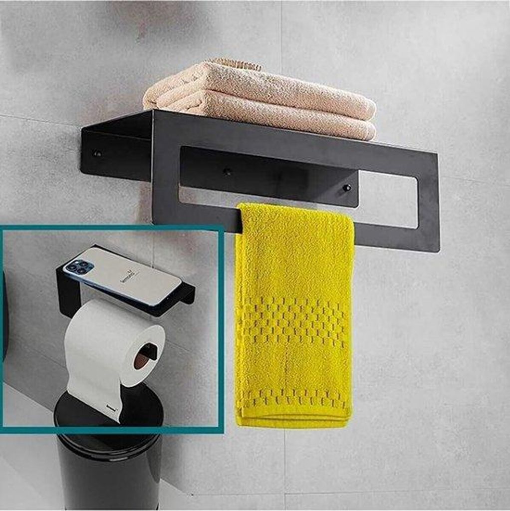 Handtuchhalter mit Ablage 30 cm Metall schwarz, Wandregal für Bad und Küche