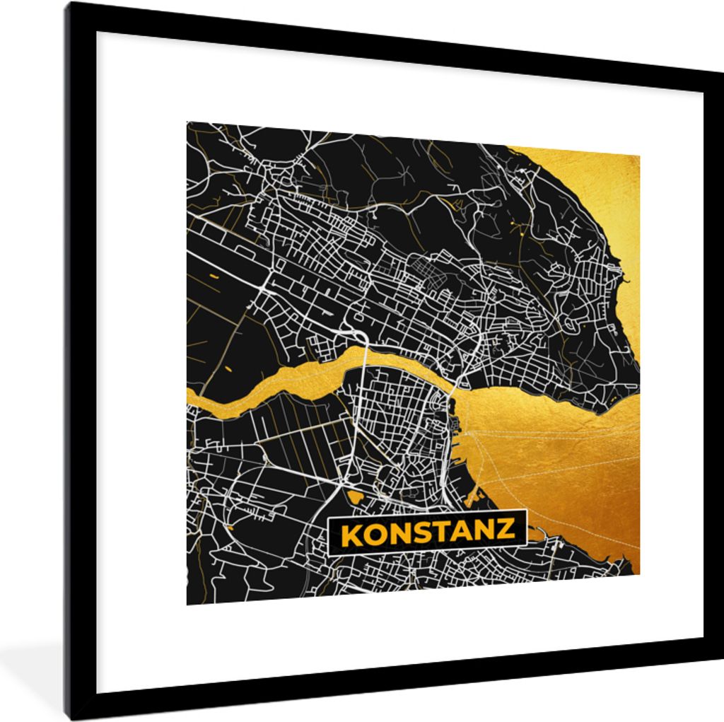 MuchoWow Gerahmtes Poster Konstanz - Gold - Stadtplan - Deutschland - Karte 40x40 cm - Poster mit Schwarzem Bilderrahmen Wandposter Rahmen Foto B...