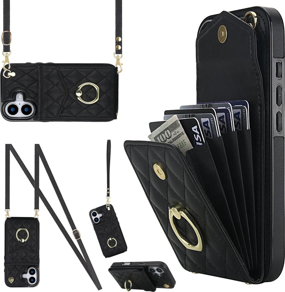 Crossbody Kunstleder Hülle für Apple iPhone 17 mit Rhombic Muster & RFID Kartenfach Schwarz