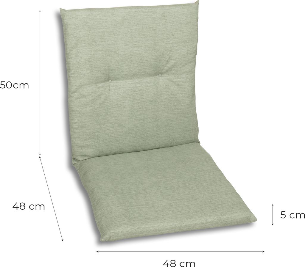 A light green chair cushion with dimensions indicated by measurement lines and text.