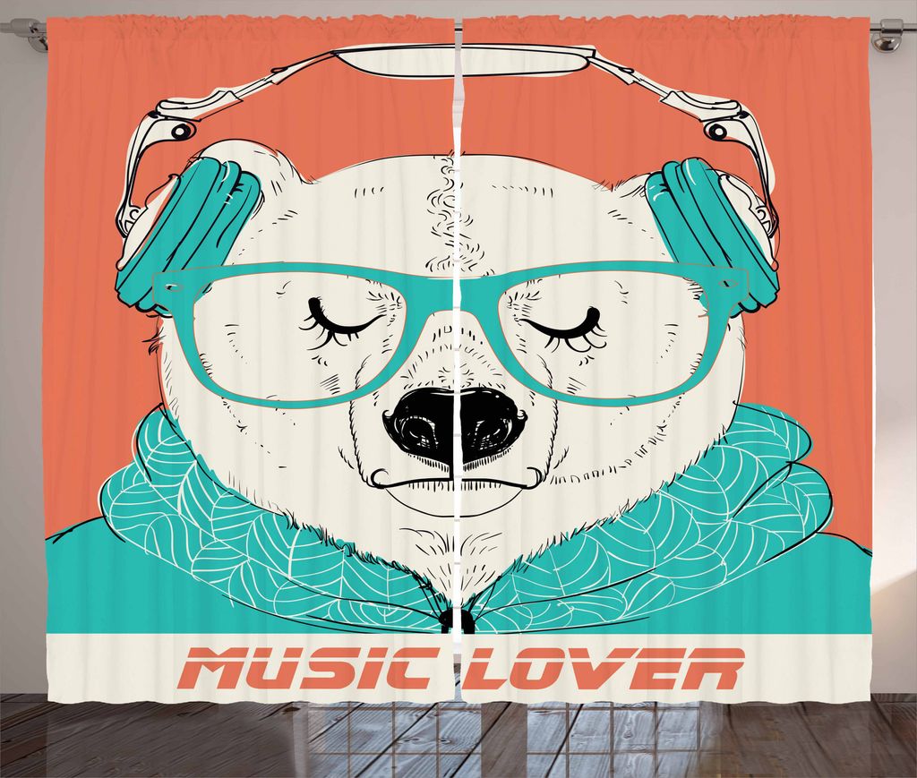 ABAKUHAUS Eisbär Rustikaler Gardine, Musik-Liebhaber Tier, Schlafzimmer Kräuselband Vorhang mit Schlaufen und Haken, 280 x 175 cm, Meeresgrün Ko...