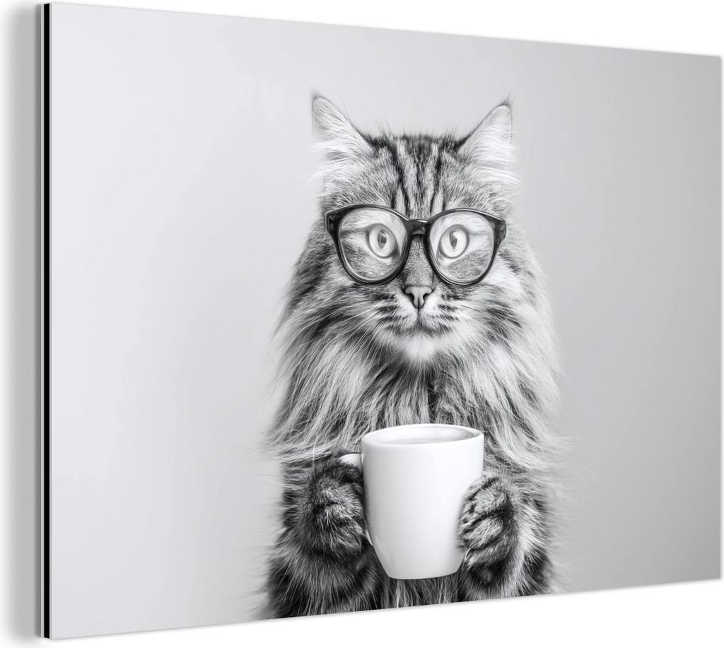 MuchoWow Wanddekoration Metall Metallbild Wandkunst 60x40 cm Katze - Brille - Becher - Flauschig MuchoWow Aluminium Gemälde - Gemälder
