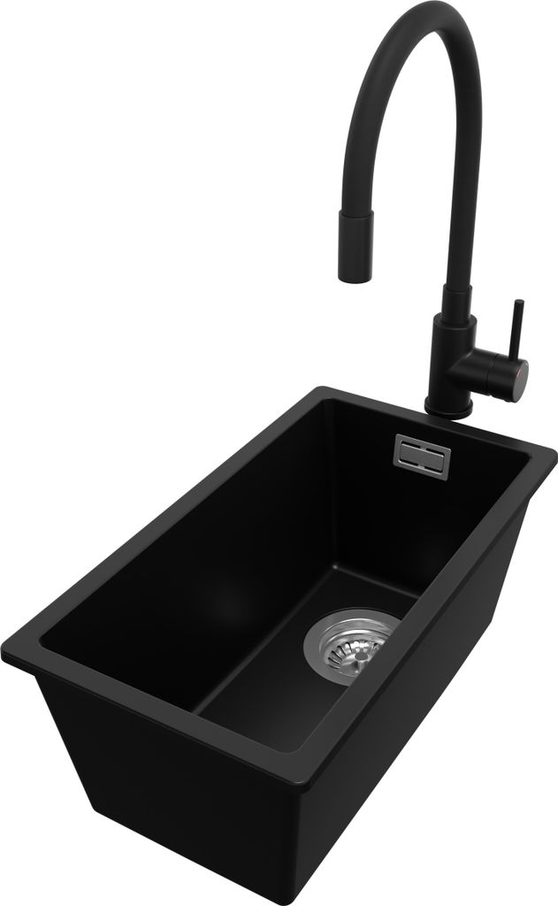 PRIMAGRAN Unterbauspüle Granit Schwarz 26x47cm, Spülbecken 1 Becken + Küchenarmatur 40x38cm + Ablauf-Set, Granitspüle ab 30er Unterschrank - Lo...