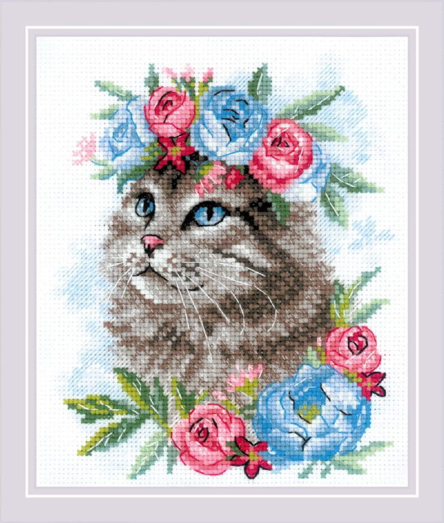 Riolis Kreuzstich Set "Katze in Blumen", Zählmuster, 15x18cm