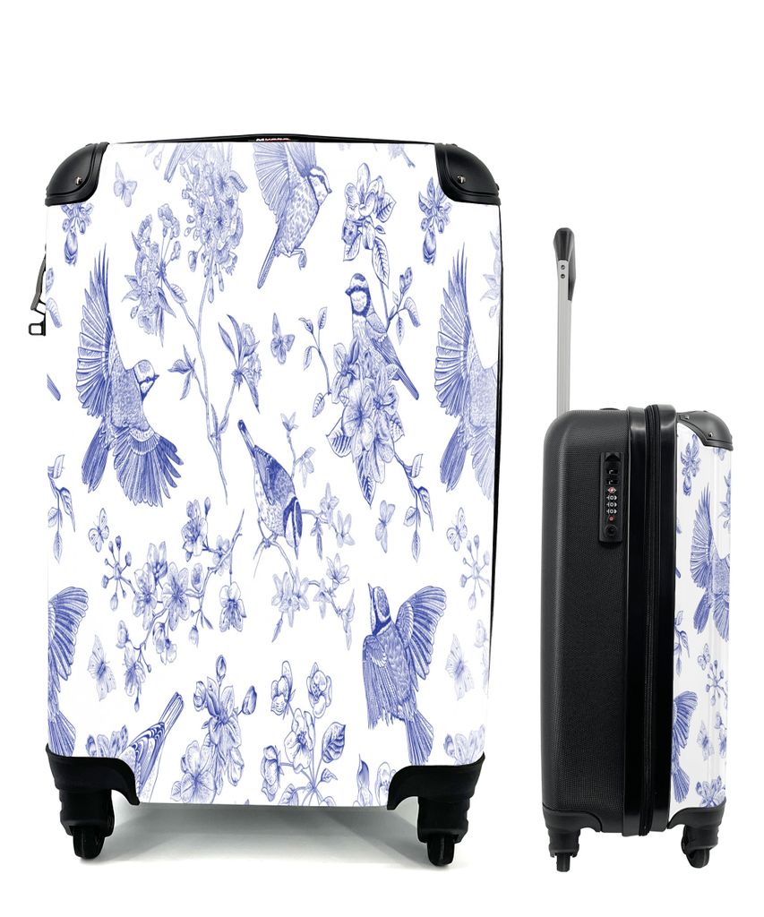 MuchoWow Koffer Handgepäck Trolley Rollkoffer Kleine Reisekoffer mit 4 Rollen - Vintage - Vogel - Blau - Cabin Size < 55x40x23 cm & 55x40x20 cm ...