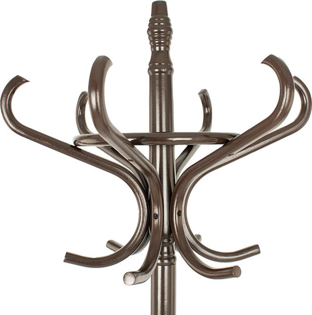 A close-up shot of a dark brown coat rack.