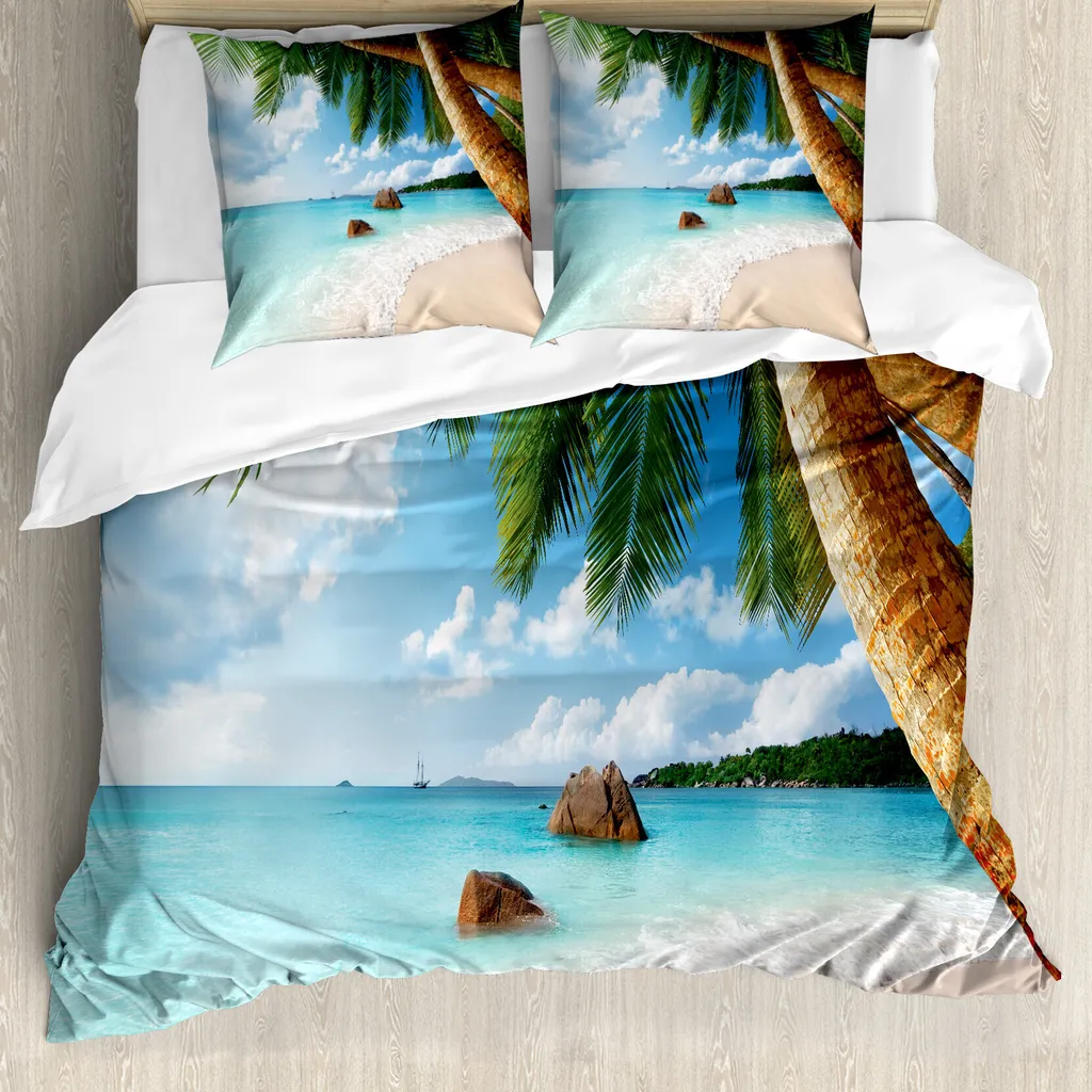 Arazzo Da Parete E Copriletto ABAKUHAUS 230x140 Cm: Spiaggia Con Palme Isola Shore, Verde Acqua, Tessuto Morbido