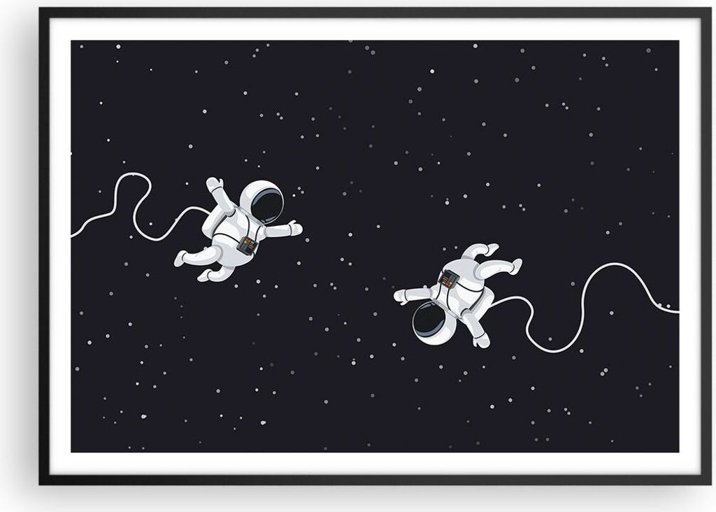 Gerahmtes Poster - Schwarzer Rahmen - Cartoon Astronauten Kosmos - 100x70 cm - Wand Bild - Wanddeko - Wandbilder - Kunstposter - Wandposter - Bilde...