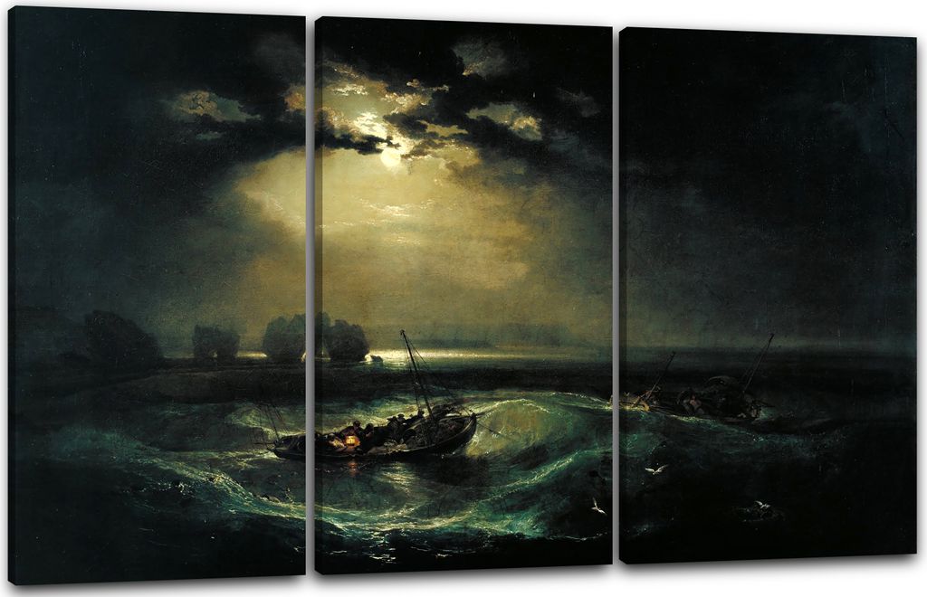 Leinwandbild 3-teilig (120x80cm): William Turner - Fischer auf See, echter Holz-Keilrahmen inkl. Aufhänger, handgefertigt in Deutschland