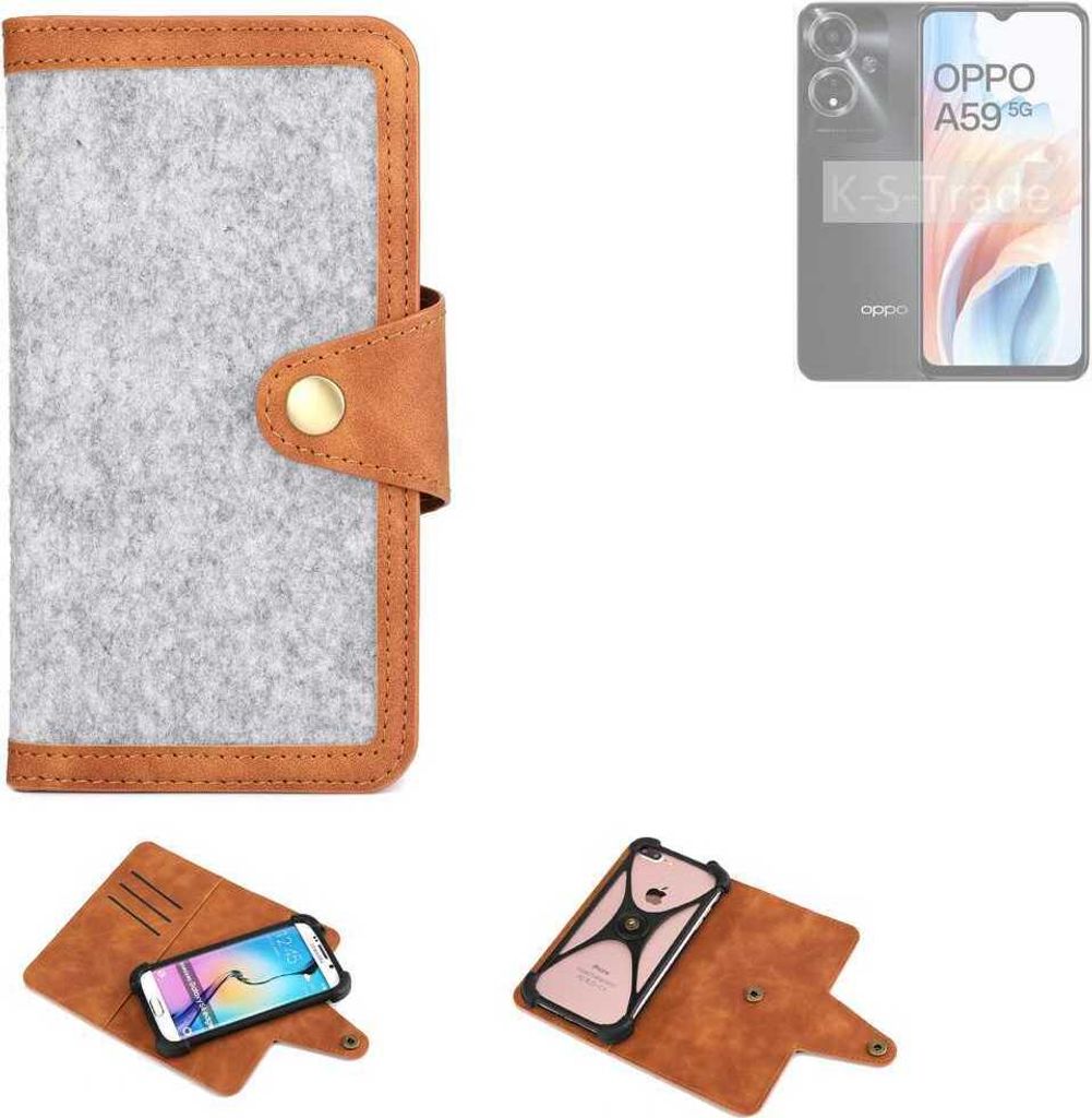 K-S-Trade Handyhülle kompatibel mit Oppo A59 5G Schutzhülle Filz-Hülle Kunst-Leder hellgrau braun (1x)