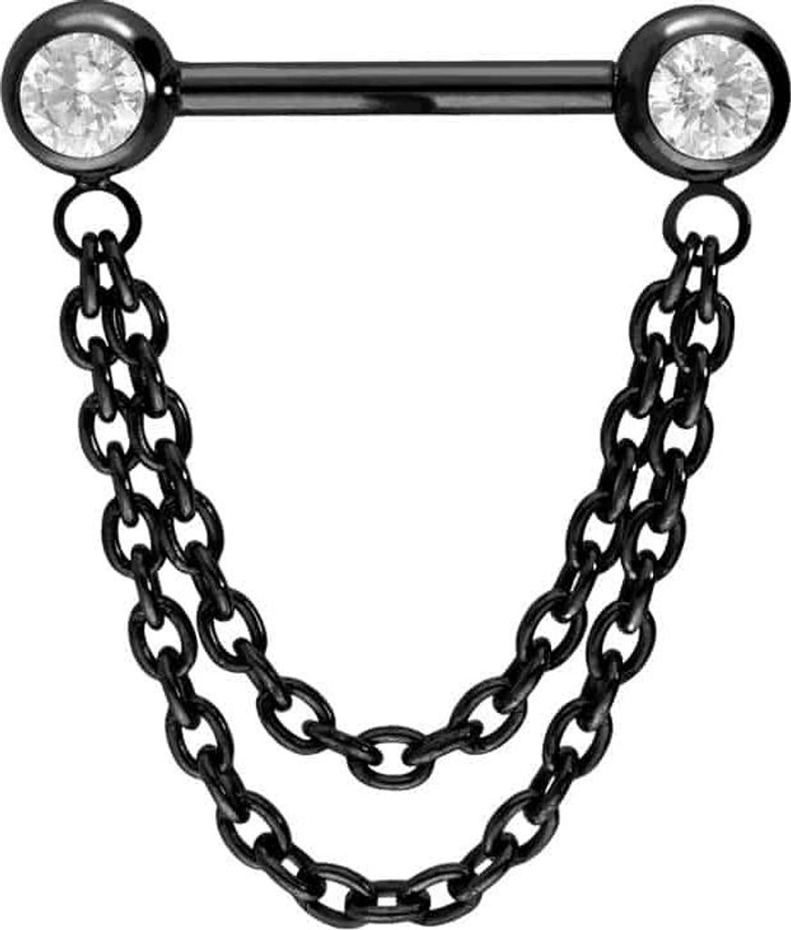 Zungenpiercing, Intim-Piercing Titan Barbell mit Push Fit 2 KETTEN + KRISTALLE Schwarz Stablänge: 16mm