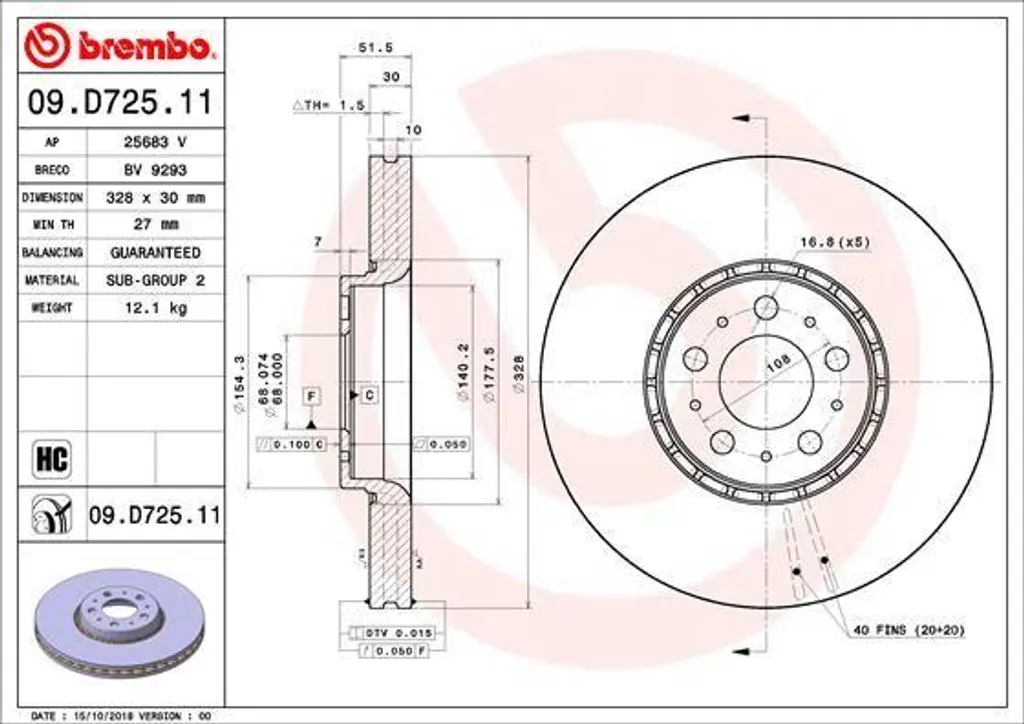 Disque de frein Brembo 09.D725.11 pour Volvo XC90 I (275) - OE 31262489