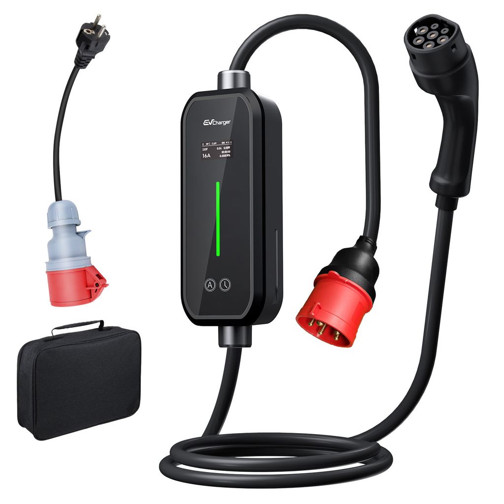 Mobile WallBox EV Ladegerät 11kW 2 Typ 6m Ladekabel 6-16A CEE Stecker Adapter, Kontrolliert einstellbarer Strom mit LCD Display Schuko-Stecker