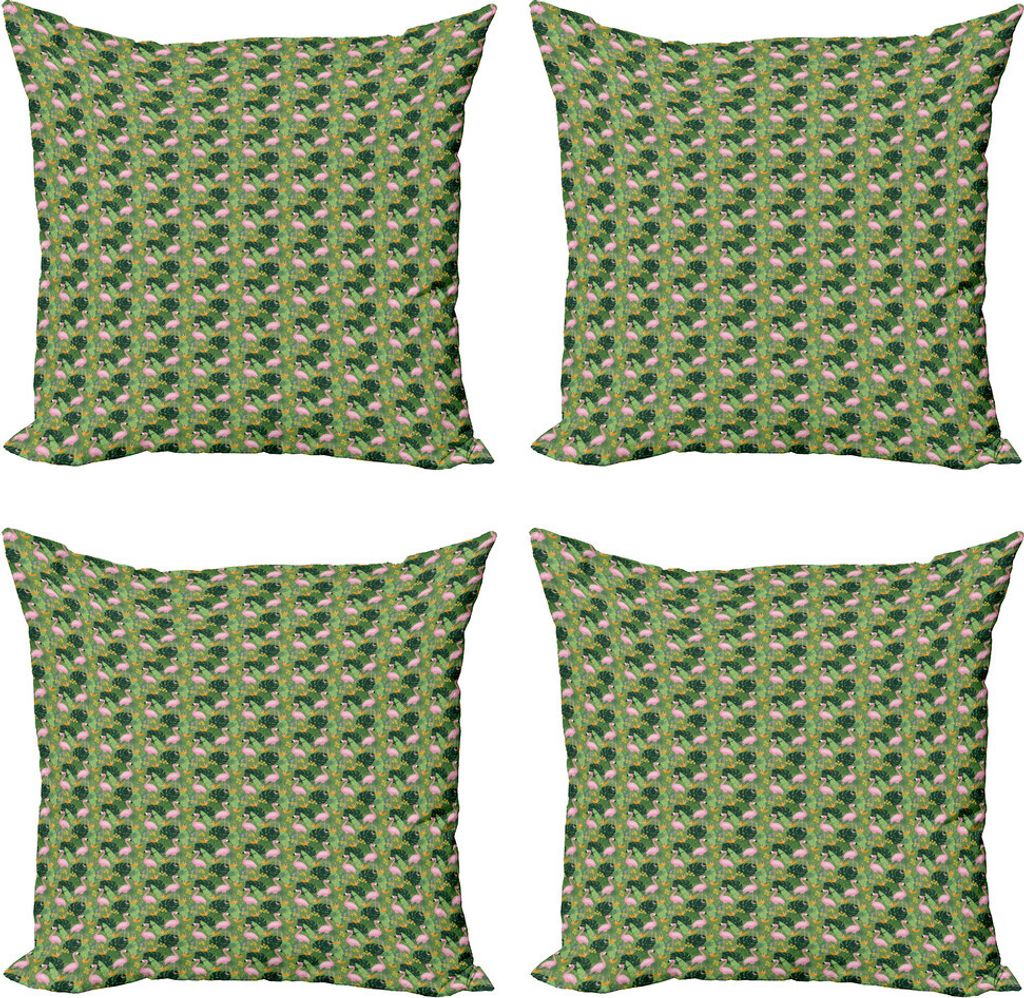 ABAKUHAUS Tropisch Kissenbezug Set (4 Stück), Flamingos Monstera Leaves, Moderner Doppelseitiger Digitaldruck, 50 cm x 50 cm, Mehrfarbig